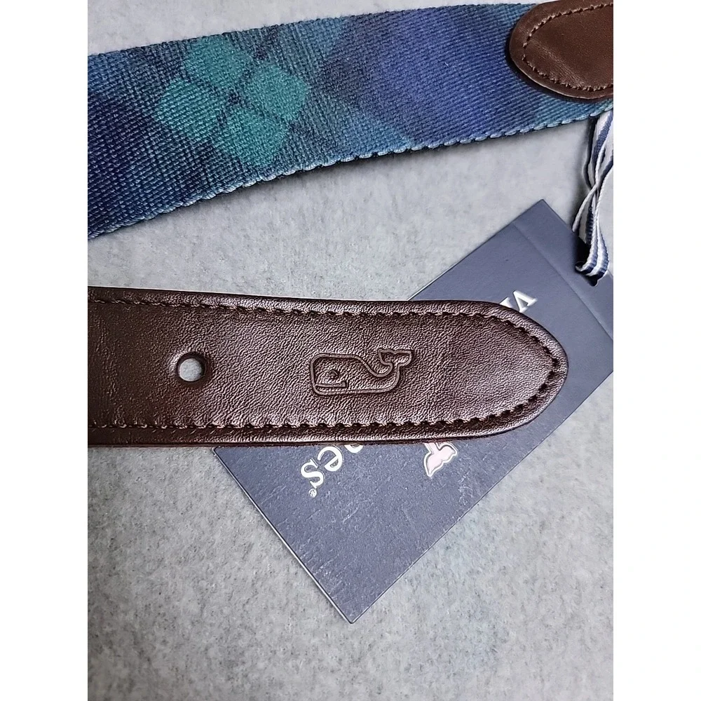 Vineyard Vines Belt Mens 30 Tartan Plaid Blue Green Leather Preppy Dad Whale NEW